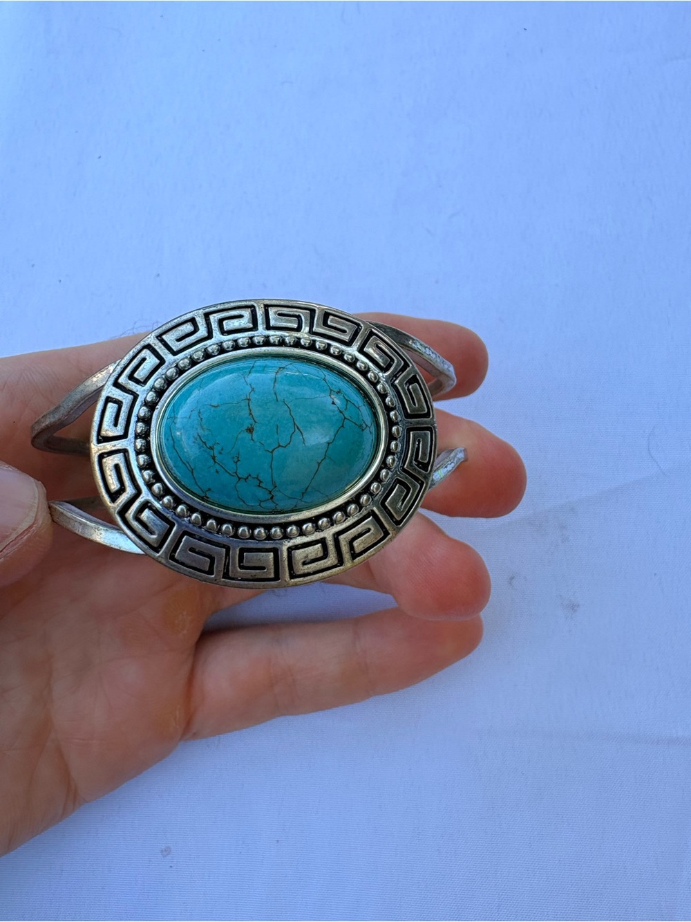 Turquoise Oval Stone Silver Cuff Bracelet - Women Jewelry
